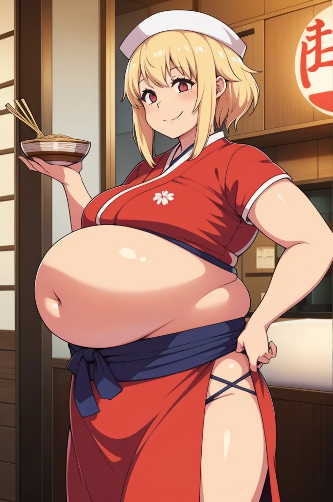 1woman, ramen chef, Japanese, cooking ramen, at a restaurant, Japanese clothes, fat, smiling, curvy,