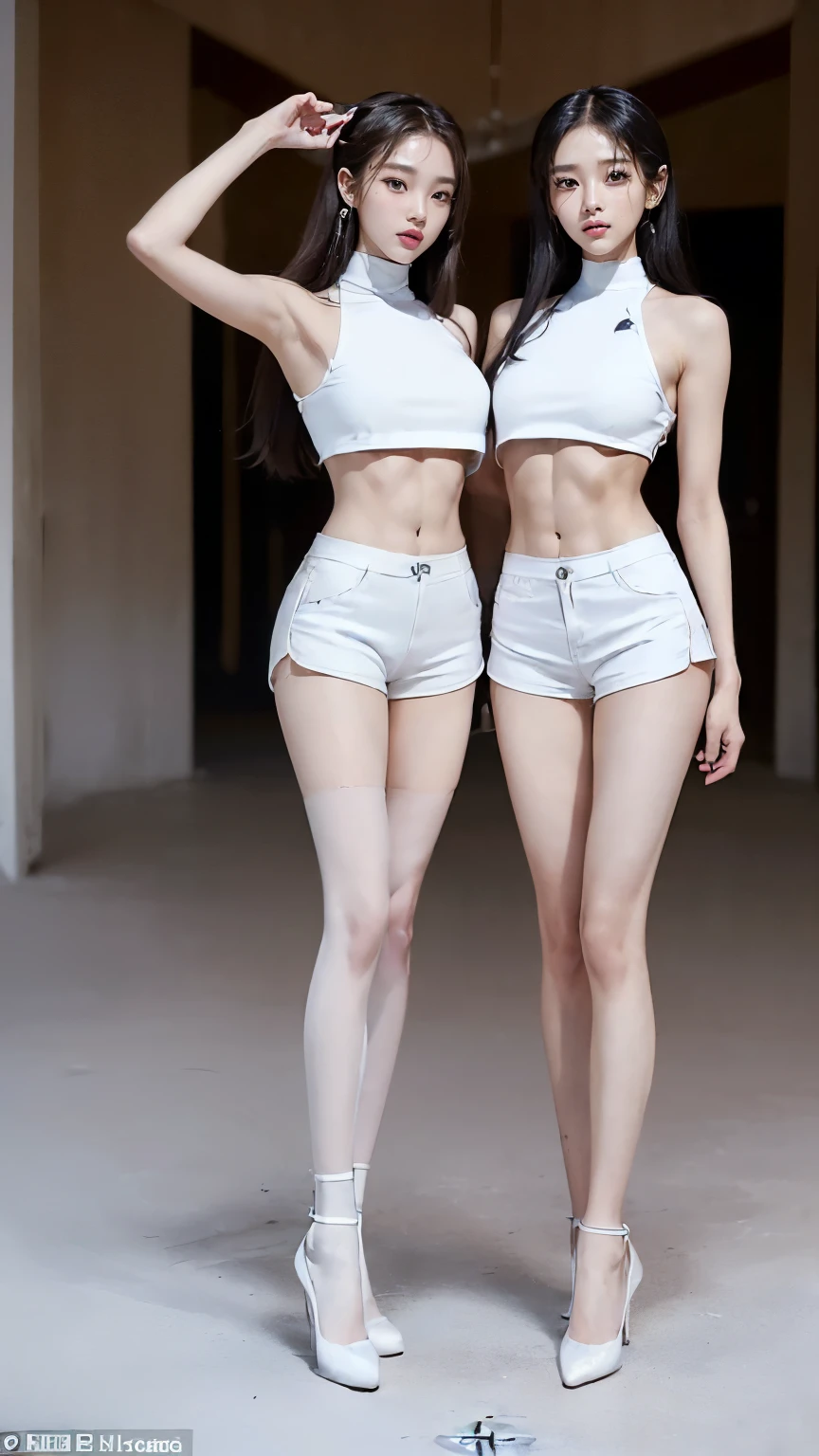 (8K、Raw photo、最high quality、masterpiece:1.5),(((((((Both of them stand with their legs apart:1.9))))))),(((((Both of them have an inseam that is more than half their height.:1.8))))),((Both have bare legs:1.6)),((Both of them are super slim:1.4)),(((((Two girls who look just like WONYOUNG from the k-pop group IVE were photographed:1.9))))),(((They both have super skinny legs:1.6))),(((Both are 173cm tall:1.4))),((Perfect k-pop IVE WONYOUNG style duo:1.3)),(((((Both of them take full body shots:1.8))))),((((Both of you should face your whole body straight ahead.:1.8)))),(((Photographed from below to show the whole body of the legs so that they look longer.:1.7))),Skin irregularities are reproduced in minute detail:1.4, (Super thin waist: 1.2),((超Thin thighs:1.2)), Thin buttocks,Open the navel,1Detailed reproduction of the navel,((Perfect super slim legs:1.3)),(((both of them are the same height:1.3))),(((Both of them have amazingly slim figures.:1.2))),(((Both are wearing white micro shorts with a rise of 15cm and an inseam of 1cm.:1.8))),(Both are :1.2),((((Both of them are extremely exposed.:1.7)))),(((((Both of them have super-strong abs:1.9))))),((Both of them were wearing short, form-fitting white sports bras.:1.4)),(((Big boobs but no bra:1.4))),(((Both of them had high, erect nipples clearly visible protruding from under their white sports bras.:1.4))),((((Standing in a fashionable theme park on a sunny day:1.4)))),Highly detailed face and skin texture,(Both of you stand with your legs straight and without bending your knees.:1.3),(((They're both the same height:1.4))),((Both of them look just like WONYOUNG from the K-pop idol IVE.:1.8)), ((((Sunny afternoon:1.3)))),((cute:1.4)),Both are fair-skinned Asians,,Both of them have beautiful eyes,,Both of them have beautiful eyes,,Both of them have beautiful noses, which are realistically reproduced.,Both of them have realistic eyes.,Both have beautiful mouths,((They both have beautiful fingers)),nail,Both of them have beautiful faces.,Both of their beautiful faces are realistically reproduced.,cute,(Ultra-Realistic Details), Natural Shadows,(Very small hips:1.4),Large firm breasts, Super long thighs,(((超Thin thighs:1.2))),(((Super slim calves))),(Both of them have the slender bodies of well-trained track and field athletes.:1.5),(Super muscular body:1.5),Super toned waist,(Super thin waist:1.3),((White high heels:1.2)),lengthen limbs,(((((Shooting the whole body from calf height:1.6))))),(Both of them have slim, toned ankles.:1.2),((((Wide open abdomen:1.5)))),Hands on hips,Both of them face forward,((Both figures have detailed and clear reproduction of the crotch area.)),((Super long legs:1.3)),Thin thighs,((Both of them have bare legs.:1.6)),((Both of them are showing off their legs in a very extreme way.:1.4),((Both of them are showing off their bellies in an extremely extreme way.:1.4),(Black hair ponytail),(Neither of them wears tights or socks.:1.4),((Both of them stand up straight.)),((Keep your hips facing forward:1.5)),2人とも8頭身スタイルBeauty,The ankles are super thin,The arms are very thin and muscular,Make your arms thinner,(((Clearly reproduces the skin texture of the legs down to the finest detail))),Faithfully reproducing the fingers of the hand,(Both of them have super long legs.),(Accurate reproduction of each finger:1.3),(((Each toe is accurately reproduced:1.2))),The middle of the thighs are very thin,(((Clearly reproduces the muscle texture of ultra-muscular and ultra-thin calf skin))),(((超筋肉質な超Thin thighsの肌の筋肉質感を明確に再現する))),(Very tight waist:1.2),((Both of them have an inseam that is more than half their height.の美脚:1.6)),(Extremely thin thighs:1.2),Beauty,Fine skin,Firm skin,(((Both of them should fit from the top of their heads to the toes of their heels.:1.5))),(((They both have super skinny legsの肌を細部まで忠実に再現する))),(Both of them are super muscular and have super thin legs with realistic skin.:1.3),((Realistically reproduces the fine details of toned, slender leg skin:1.3)),((Dazzling Midsummer)),(((Both of them have super-strong quadriceps:1.6))),(((Both of them have extremely well-trained gastrocnemius and soleus muscles.:1.6))),((2人とも超細くてSuper long legs:1.2)),Front lighting,Super detailed, High detail, high quality, Awards,High resolution,(Anatomically correct:1.5)