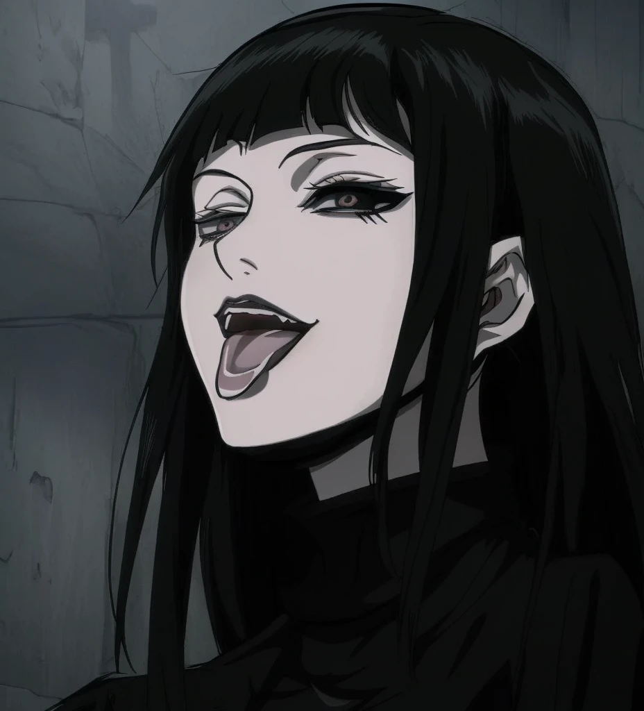 anime girl with long black hair sticking out her tongue, 1 7 - year - old anime goth girl, 1 7 - year - old goth girl, style of junji ito, anime vampires, goth girl, in the anime series ergo proxy, goth girl aesthetic, gothic maiden anime girl, raven black hair, style of madhouse anime, goth woman