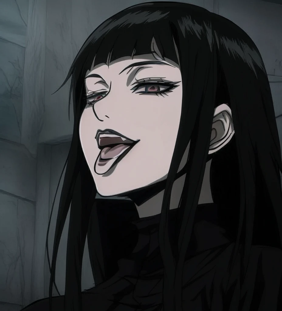 anime girl with long black hair sticking out her tongue, 1 7 - year - old anime goth girl, 1 7 - year - old goth girl, style of junji ito, anime vampires, goth girl, in the anime series ergo proxy, goth girl aesthetic, gothic maiden anime girl, raven black hair, style of madhouse anime, goth woman