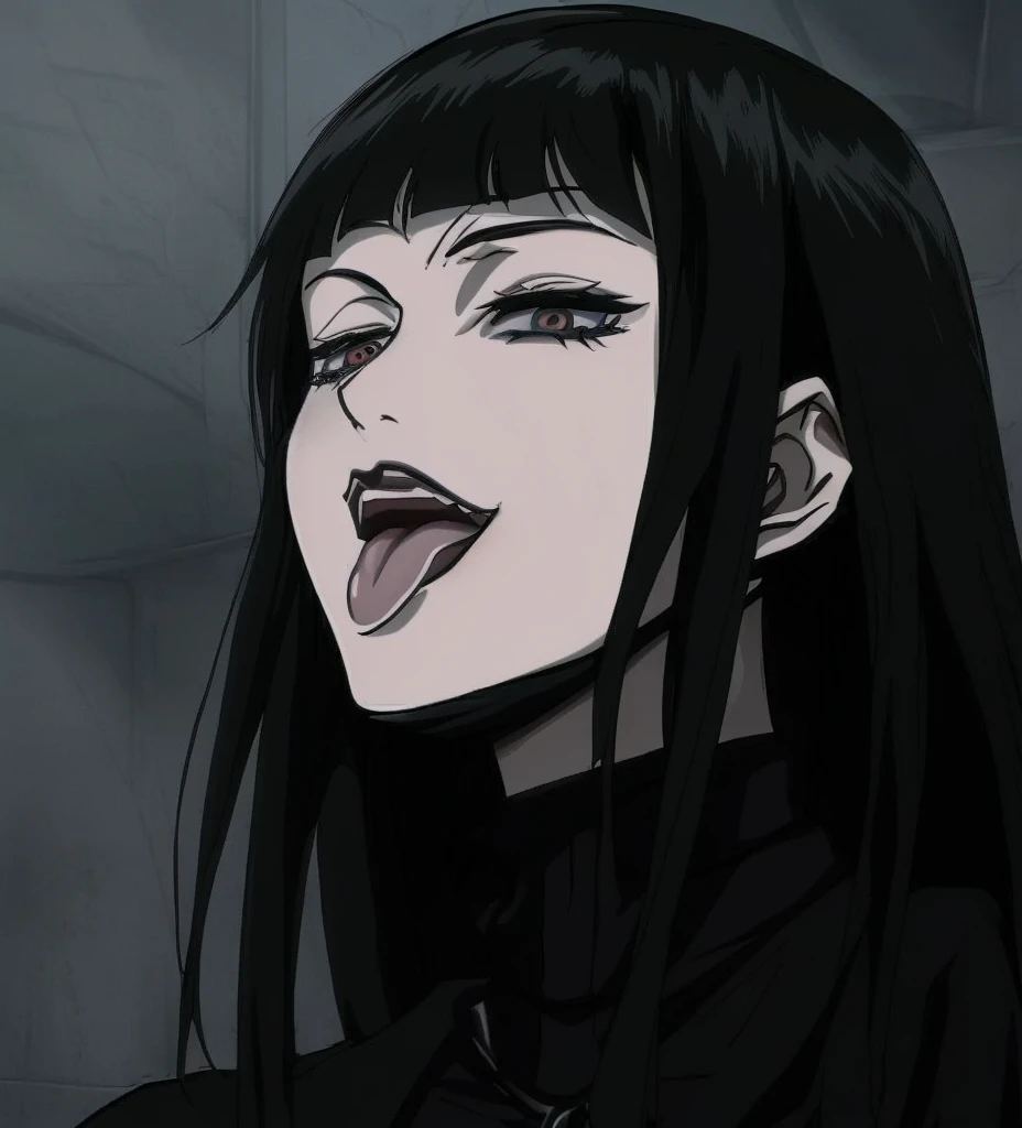 anime girl with long black hair sticking out her tongue, 1 7 - year - old anime goth girl, 1 7 - year - old goth girl, style of junji ito, anime vampires, goth girl, in the anime series ergo proxy, goth girl aesthetic, gothic maiden anime girl, raven black hair, style of madhouse anime, goth woman