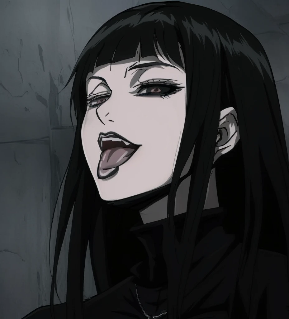 anime girl with long black hair sticking out her tongue, 1 7 - year - old anime goth girl, 1 7 - year - old goth girl, style of junji ito, anime vampires, goth girl, in the anime series ergo proxy, goth girl aesthetic, gothic maiden anime girl, raven black hair, style of madhouse anime, goth woman