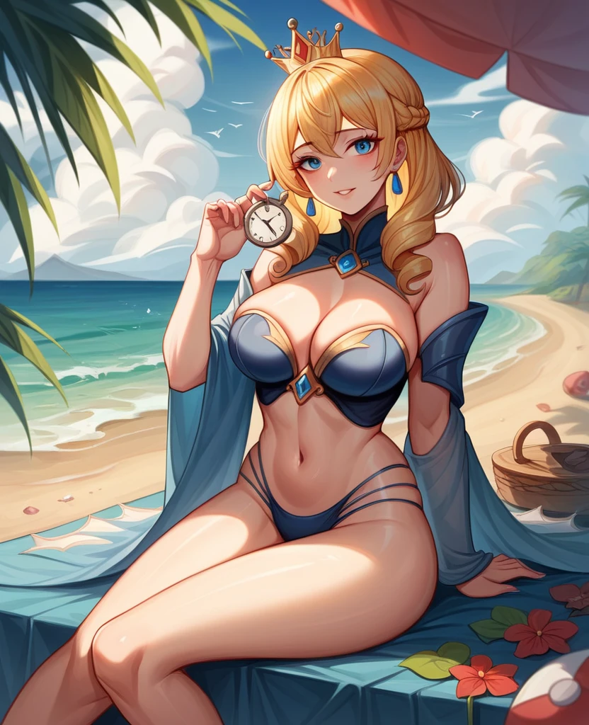 A woman sitting on the beach,Showy clothing,Holding a clock in hand, Queen of the Sea Mu Yanling, Beautiful digital artwork, 4k highly detailed digital art, Beautiful fantasy queen, 8k high quality detailed art, Fantasy Beauty, author:Yang J, Beautiful and gorgeous digital art, Gu Weiss, artwork in the style of Gu Weiss, Beautiful fantasy art, Chinese Fantasy