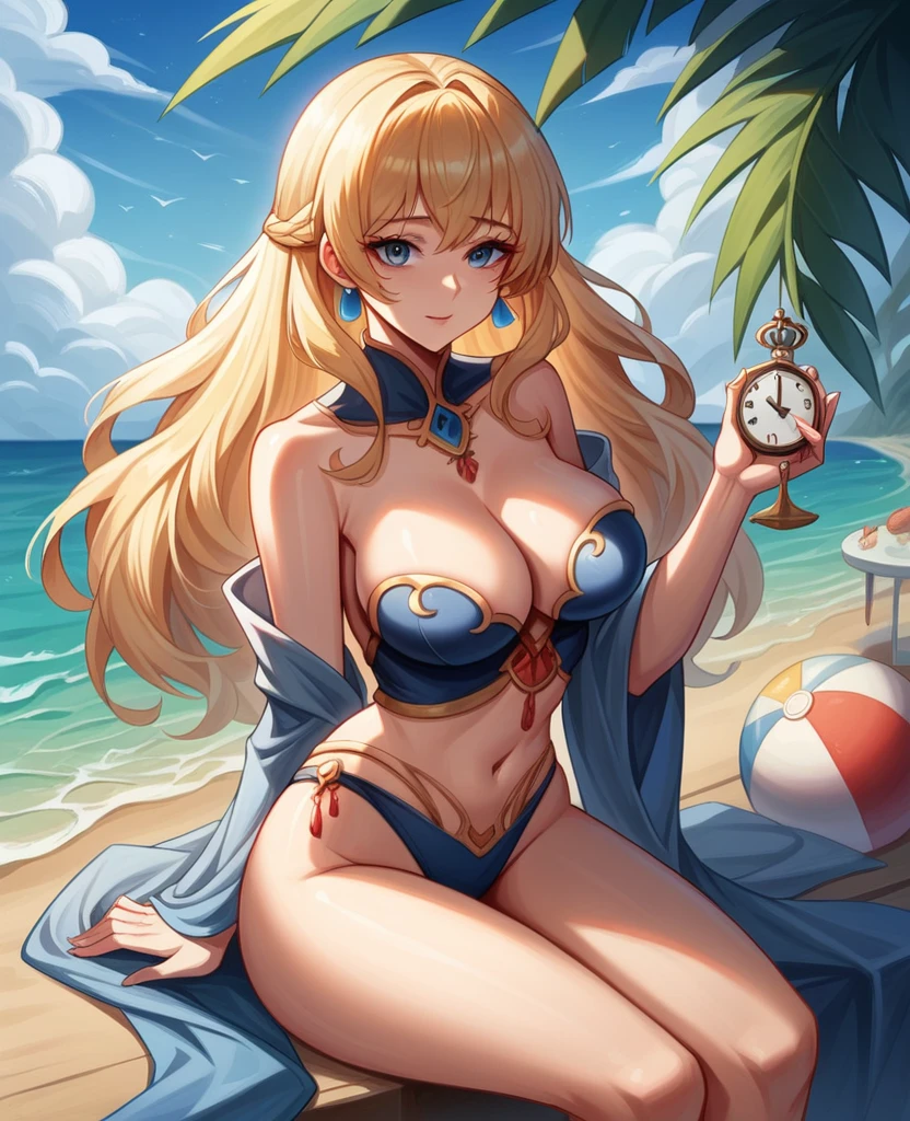 A woman sitting on the beach,Showy clothing,Holding a clock in hand, Queen of the Sea Mu Yanling, Beautiful digital artwork, 4k highly detailed digital art, Beautiful fantasy queen, 8k high quality detailed art, Fantasy Beauty, author:Yang J, Beautiful and gorgeous digital art, Gu Weiss, artwork in the style of Gu Weiss, Beautiful fantasy art, Chinese Fantasy