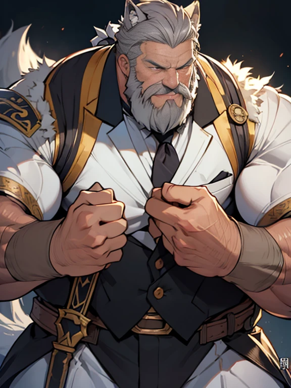 burly virile hairy man, with two wolf ears and a bushy tail, in a suit of armor, middle-aged, hirsute, overmuscular and musclebound, bulging veiny muscles, a warrior's build, a bodybuilder's physique, long bushy and a thick mustache, a square jaw, handsome and dreamy, grey hair, a gladiator in the arena