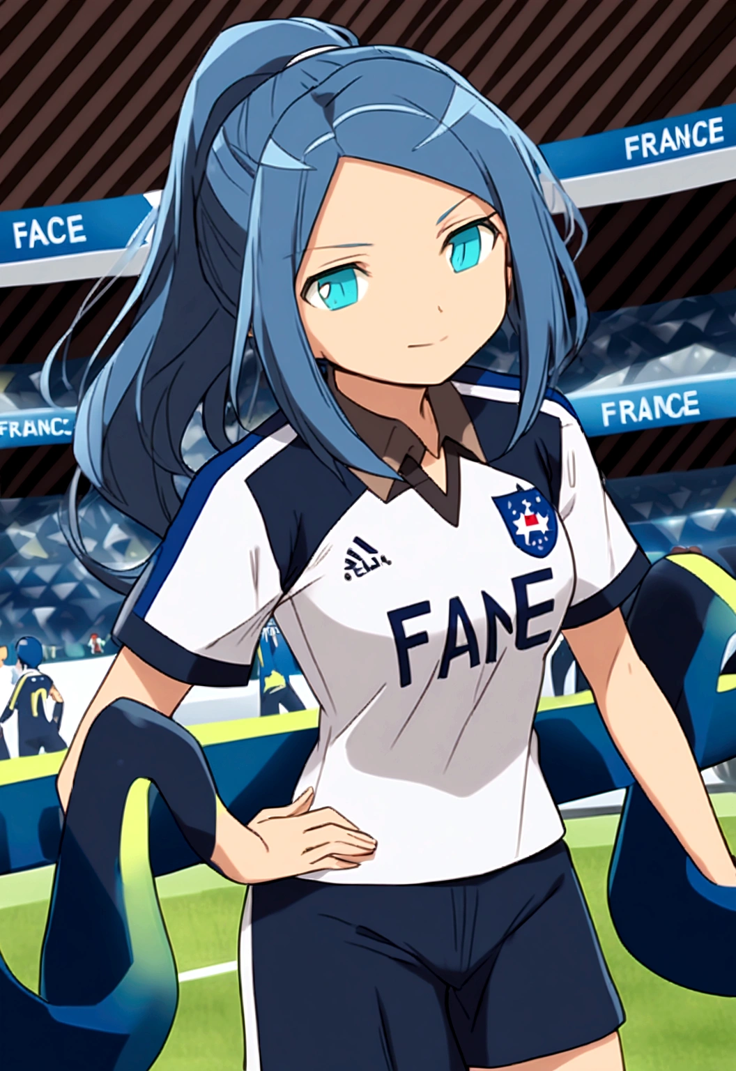 (anime,2D)Women,soccer player,black fur,wide,fringe,collected in a ponytail,clear skin,Light blue eyes,France national team clothing, In a soccer field.