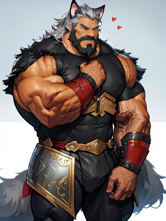 burly virile hairy man, with two wolf ears and a bushy tail, in a suit of armor, middle-aged, hirsute, overmuscular and musclebound, bulging veiny muscles, a warrior's build, a bodybuilder's physique, long bushy and a thick mustache, a square jaw, handsome and dreamy, grey hair, a gladiator in the arena