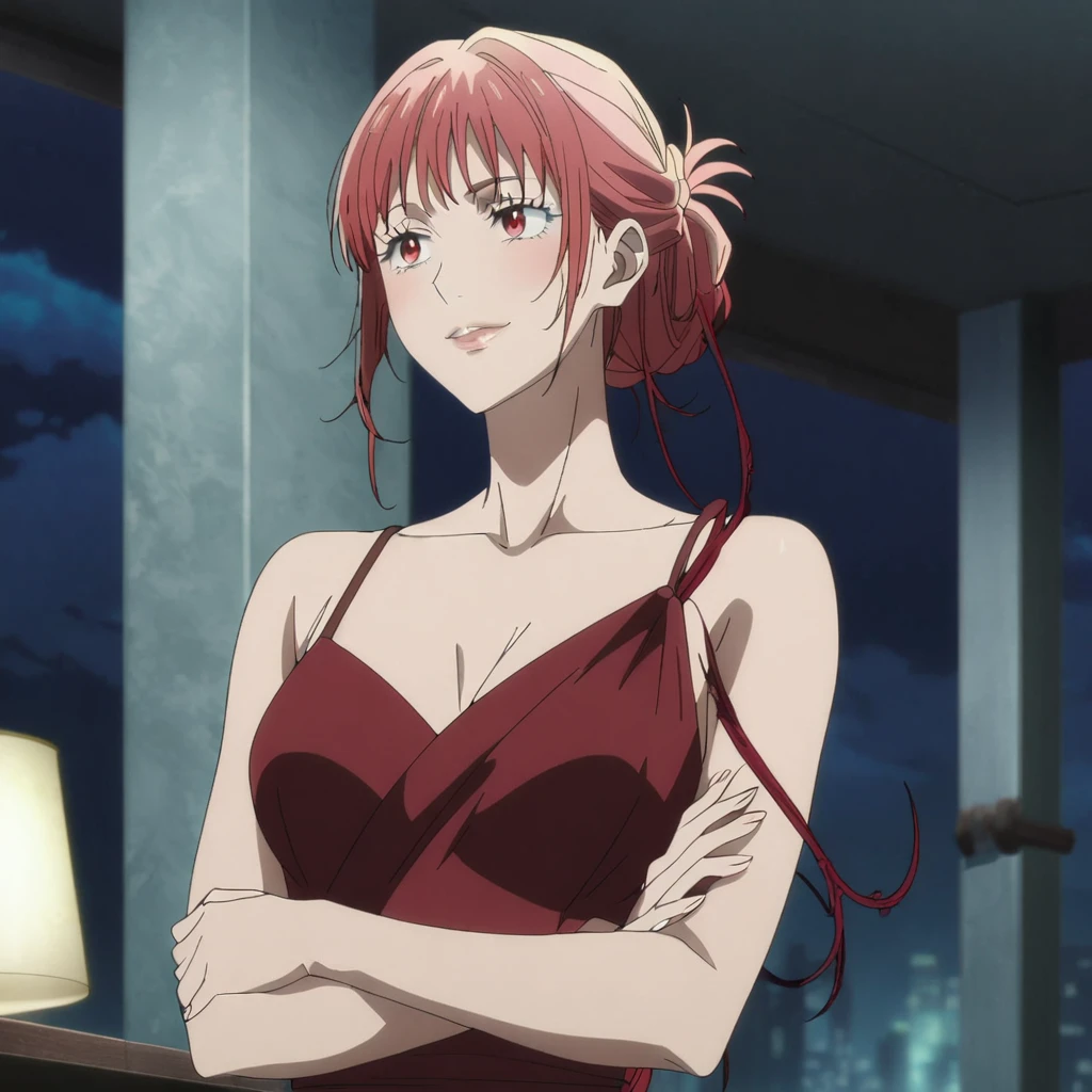 1girl, female gojo satoru, anime screencap from jujutsu kaisen, gojo satoru female version, solo, medium_hair, red eyes ((red_hair)), night view, breasts, upper_body, smile, indoors, book, bangs, red_eyes, lips, ((Twisted Hair updo and side loose tendrils)) wearing an elegant red dress with thin straps, breast, "very detailed and high resolution" (red eyes) ((cross arms))  ((long hair)) ((solo)) 