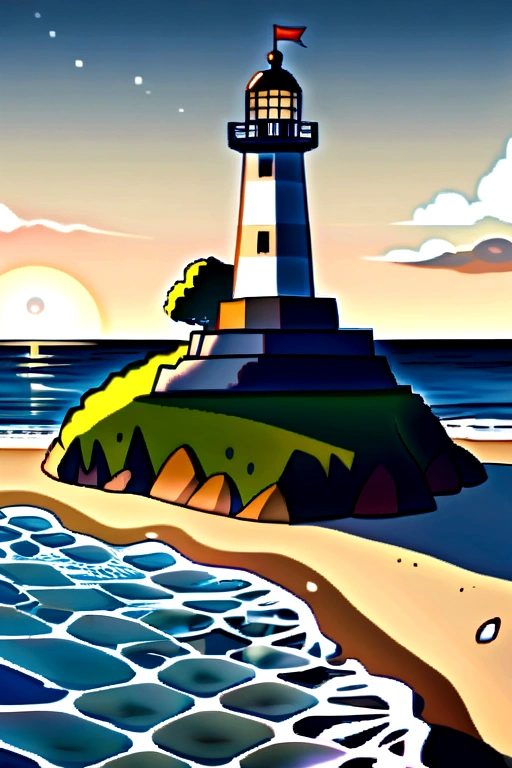 A lighthouse on an island or beach illuminating a beer with its moving light