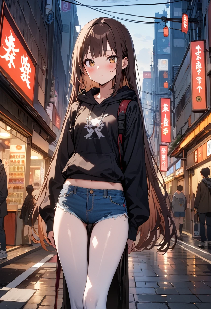 ((masterpiece,Highest quality;1.3,best illustration)),cowboy shot,1woman、25 year old beauty、独奏,((very small head:1.3)),dark brown hair,long hair,bangs,brown eyes,gorgeous eyes,blush,small breasts,((very long body:1.3)),((toned body,slender body,skinny)),gleaming skin,shiny skin,oily skin,(White tight T-shirt、Black hoodie、denim micro shorts)、Black rucksack、on street,Tokyo,