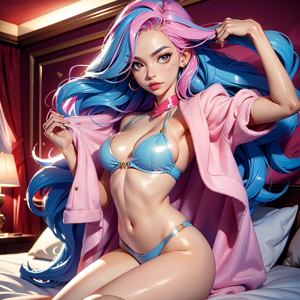 Best quality, Masterpiece, Portrait, Perfect anatomy, Femininity, Cool, Flawless, , Solo, Sexy, Stylish, Mature, Long light pink hair, Mole above lip, Red lipstick, Big breasts, Kissing a girl with blue hair, in bed