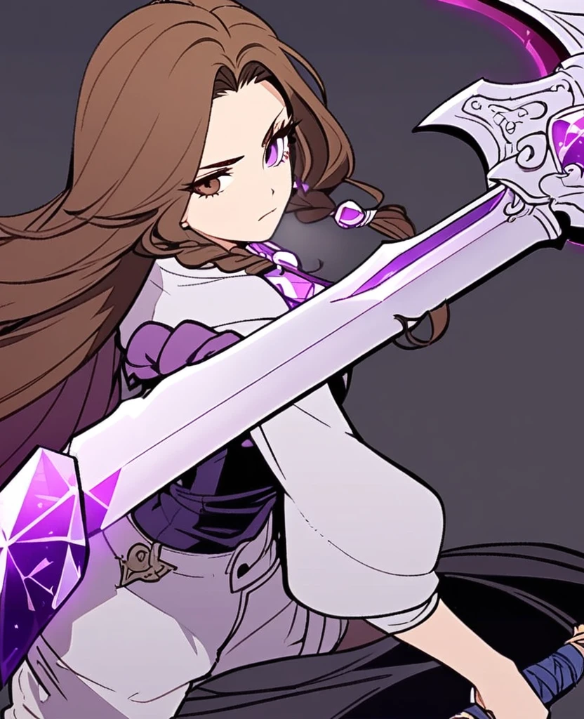 Make me a final fantasy oc. She has long brown hair that fades into white. Her left eye is brown and her right eye is purple. She wears a purple, white and black outfit with shorts. Her weapon id a giant scythe with a purple crystal stuck into the part where the handle and the blade meet. Stoic and blank expression. In Final Fantasy VI art style. Mature body.