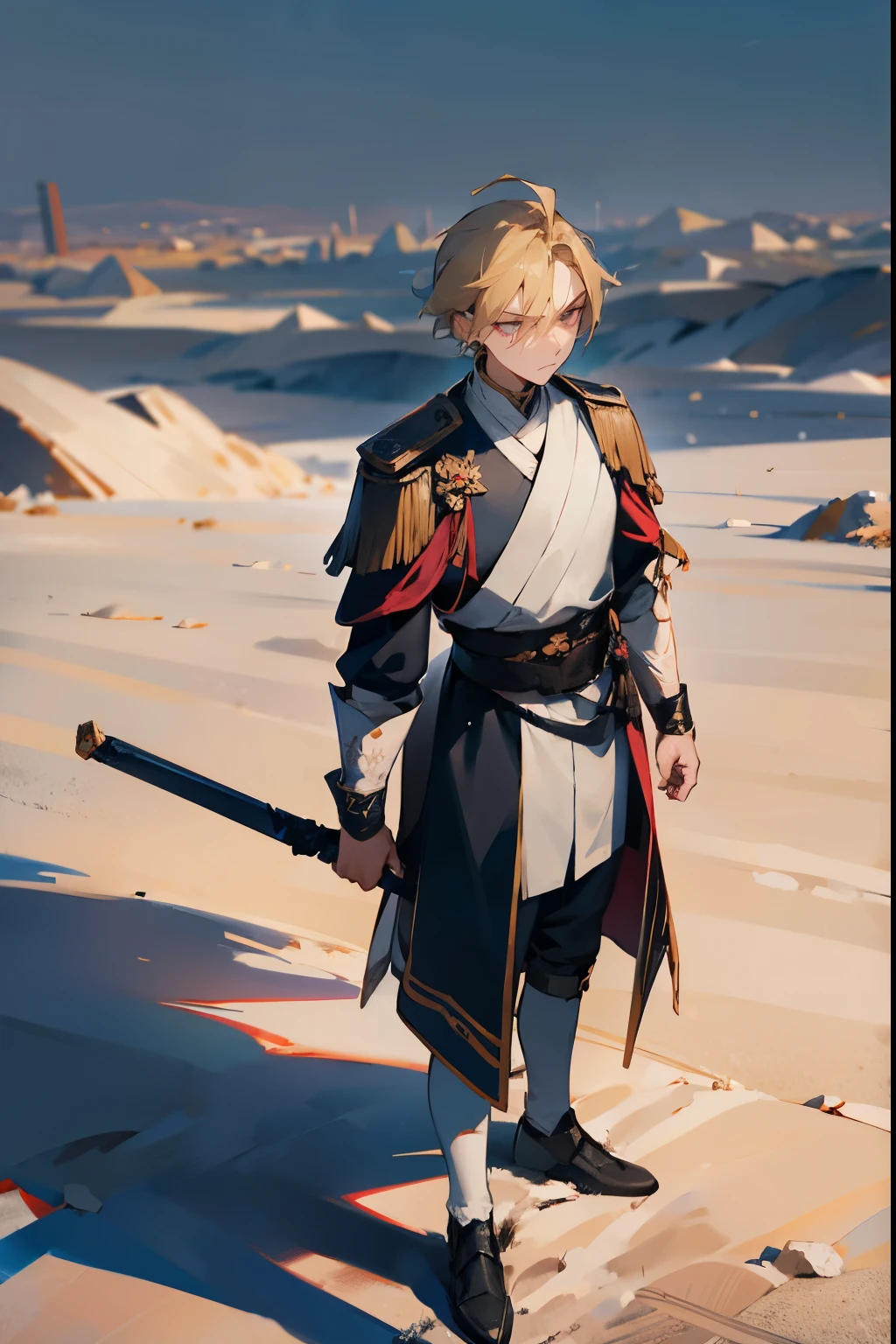 1male , White Handband Wrapped , Black Red and Dark Blue Royal Guard Clothing , White Yukata , Serious Expression , Adult Male , Blonde Hair , Pink Eyes , Standing on a path , Desolate Wasteland Background , Perfect Generation