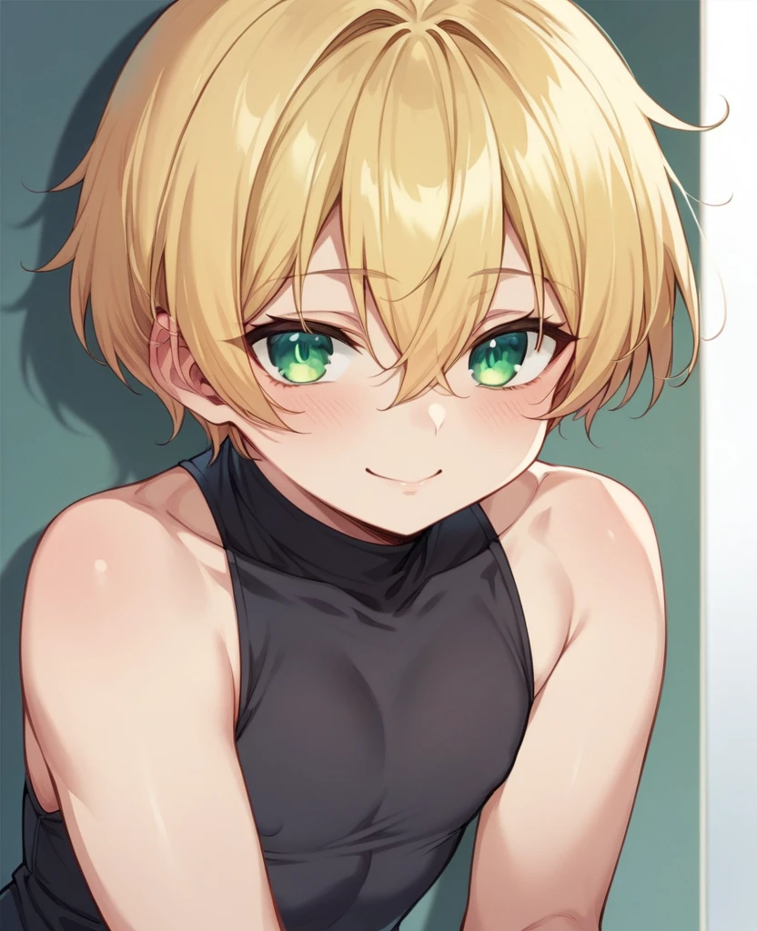 （One girl）、((short hair))、((Blonde))、（Sato Air）、((boyish))、Crossdresser、((flat chest))、green eyes、plump、Black sleeveless、((hairs between eyes))、light smile