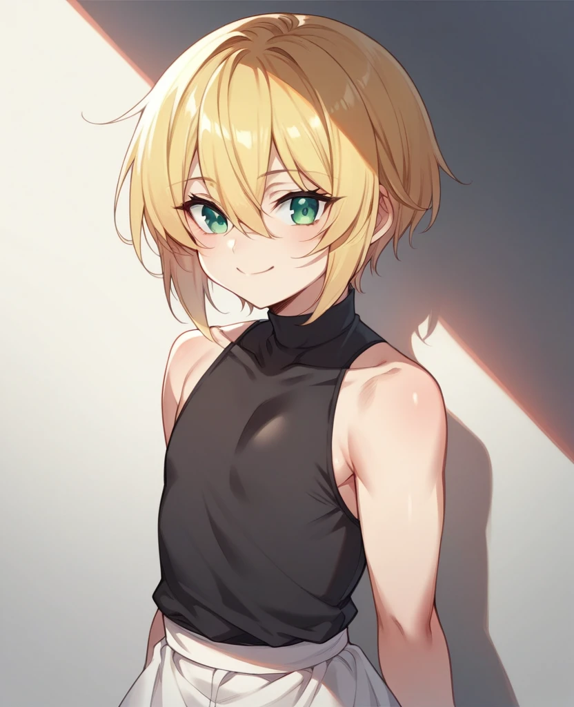 (One girl)、((short hair))、((Blonde))、(Sato Air)、((boyish))、Crossdresser、((flat chest))、green eyes、plump、Black sleeveless、((hairs between eyes))、light smile