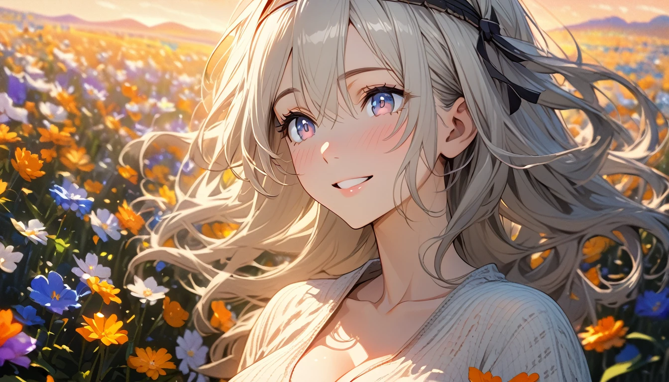 beautiful girl, long grey hair, beautiful face,smiling,close up to hips, beautiful breast, in the middle of flowers field, (open mouth:0.4),illustration,detailed textures(realists),ultra-detailed,portrait style,vivid colors,soft lighting, blushing, mature, hair fluttering, evening light , head band, ((half body)),  cleavage, wearing casual pajamas, perky. ((side profile until hips))