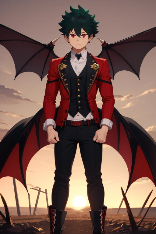 Izuku Midoriya from My Hero Academia, Vampire, incubus, red eyes and white hair, bat wings, black clothes, black steampunk pants, red shirt, black vest, pale skin. Looking straight at the viewer