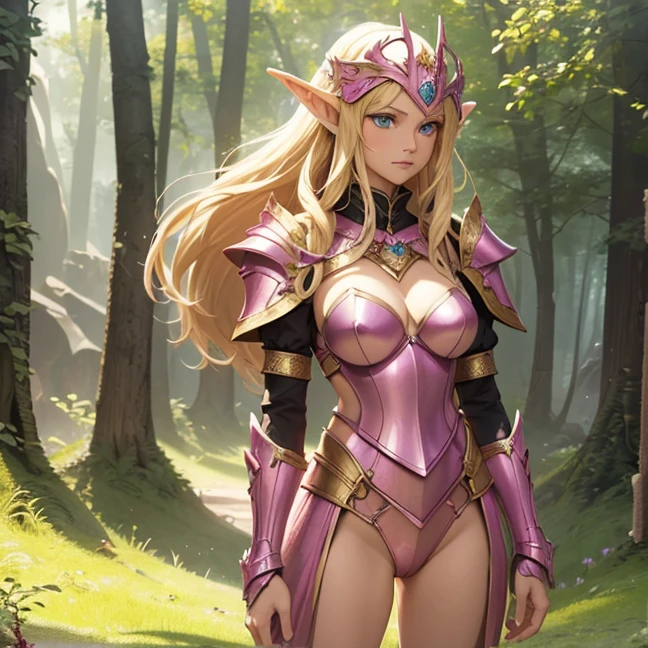 (Absurdres, master piece, best high quality image, very detailed features, very detailed textures, carefuly detailed with no deformed parts in all the artwork,), solo character alone, with complete fantasy armor, no-revealing body feature.
Elf woman milf: fair skin, golden blonde yellow long hair, light blue eyes, beautiful face, (wearing a pink full plate elvish pink knight pink armor, all the body full armed and suited in pink steel, full pink helmet with a white helm tail), (holding a golden broadsword), serious expression
Standing firmly holding her sword in the forest