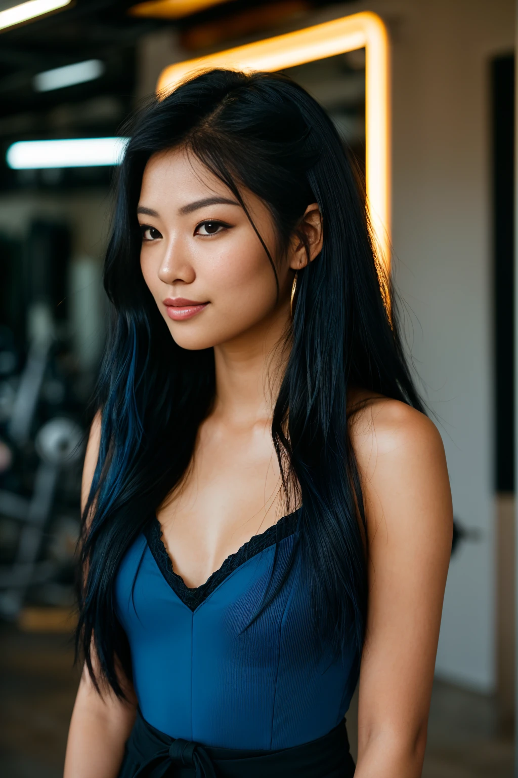 arafed woman with long black hair with (((deep blue high lights))) in a gym, flowing black hair, with black hair, photo of a beautiful woman, long flowing black hair with deep blue high lights, pink golden hour, curly black hair, beautiful young asian woman, beautiful asian woman, wild black hair, black wispy hair, light black hair, a young asian woman, an asian woman, infp young woman, (full body: 1.4), photo of a 24-year-old french girl in RAW UHD format (Brown-eyed woman) Details (textures! , Hair! , glistering, Color!! , imperfections: 1.1), highly detailed glossy eyes (looking at the camera), DSLR Lighting, SLR camera, Ultra-Quality, sharpness, Depth of field, Film grain (Downtown), Fujifilm XT3, Crystal clear, Frame Center, beatiful face, sharp-focus, bokeh (dimly lit), day time, detailed skin pores, oilly skin, suntan, Complex eye details, smiling