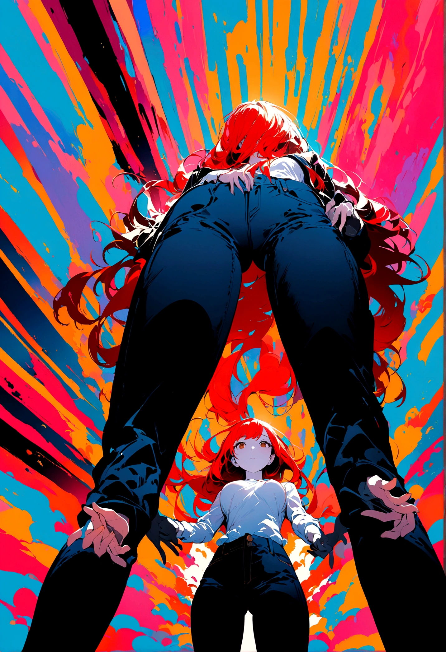 (masterpiece), (best quality), super fine illustrations, high detail, high contrast, long hair, medium breasts size, redhead, brown eyes, looking at another, (pale skin), black jacket, white shirt, jeans, make hands close, colorful color, very wide shot, ((only five fingers)