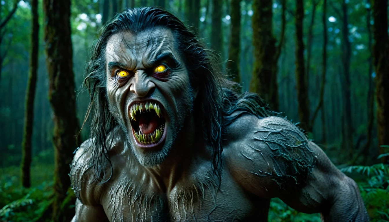 Create a very strong being, with long hair all over his body, more than 250 centimeters tall, with large teeth, exaggerated mouth and yellow eyes, he is standing in a forest in the middle of the night