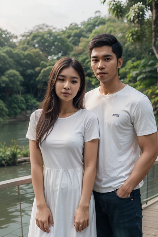 A man 30 year old,indonesian face,handsome,wearing white t shirt,standing on bridge with a women 25 year old,indonesian face,oval face,pretty girl,have a big ,wearing white dress,background living room,very detailed photography