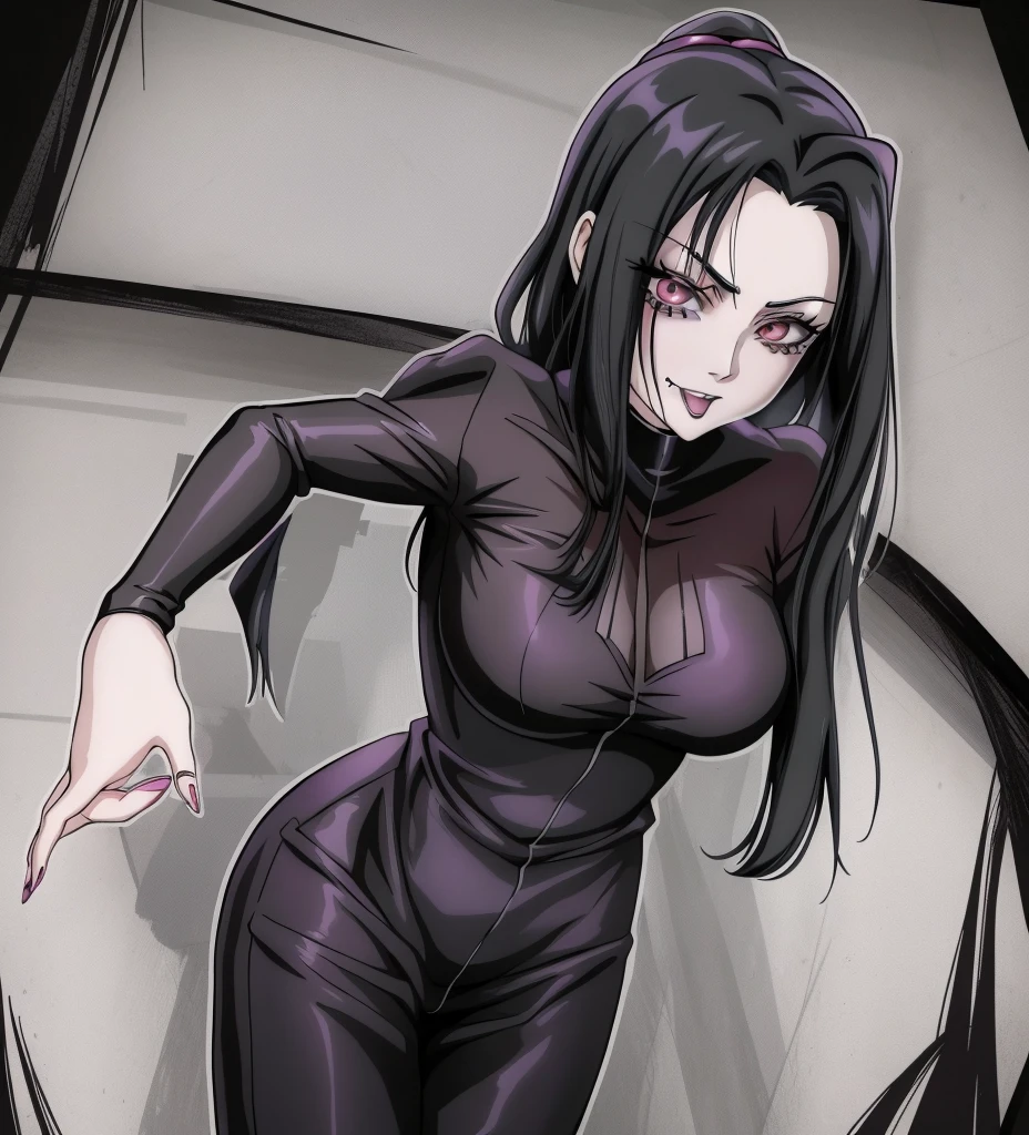 anime girl with long black hair sticking out her tongue, 1 7 - year - old anime goth girl, 1 7 - year - old goth girl, style of junji ito, anime vampires, goth girl, in the anime series ergo proxy, goth girl aesthetic, gothic maiden anime girl, raven black hair, style of madhouse anime, goth woman