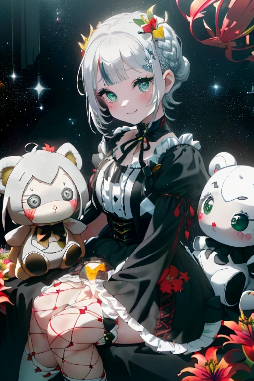 Gura,((Braided shorthair)),((With black eyes)),Slight red tide,(gothic  style costume:1.25),(Head dress:1.2),((Scattered with lily flowers and stuffed animals)),(The entire space turns white, Black, Green, and yellow.),(Big eyes:1.5),(your eyes are shining like stars:1.2),(Cute way to sit),(sitting like a french doll),(Tilt of the neck:1.25),(elaborate structure),(smiling slightly)