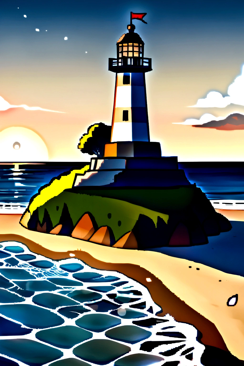 A lighthouse on an island or beach illuminating a beer with its moving light