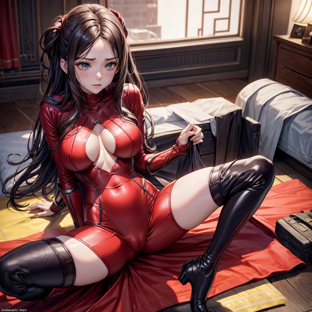 scarlet witch, perfect body, tight suit , Sexy outfit , avengers infinity war movie costume , suit with black pants close to the body,red knee-high boots,The suit is torn from the legs and reveals a large part of them , The suit has scratches on the chest and shows her tits ,visible tits , naked tits , big tits, perfect tits, the suit has a great neckline, full body image , posing sexy , sitting on the floor with legs open