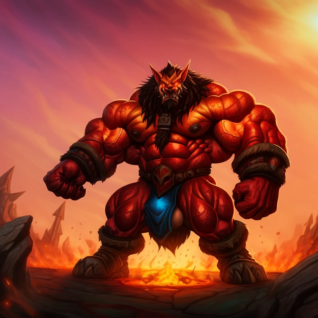hyper muscular werewolf, two arms, wearing a leather harness, glowing red eyes, aggressively flexing, hyper penis, erect penis, big balls, Blizzard Entertainment, detailed skin, skin blemishes, Warcraft, lighting should be warm and inviting, casting a soft glow and highlighting the rich colors of his flesh, background cinematic Hollywood movie style, light depth of field, vignette, highly detailed, high budget