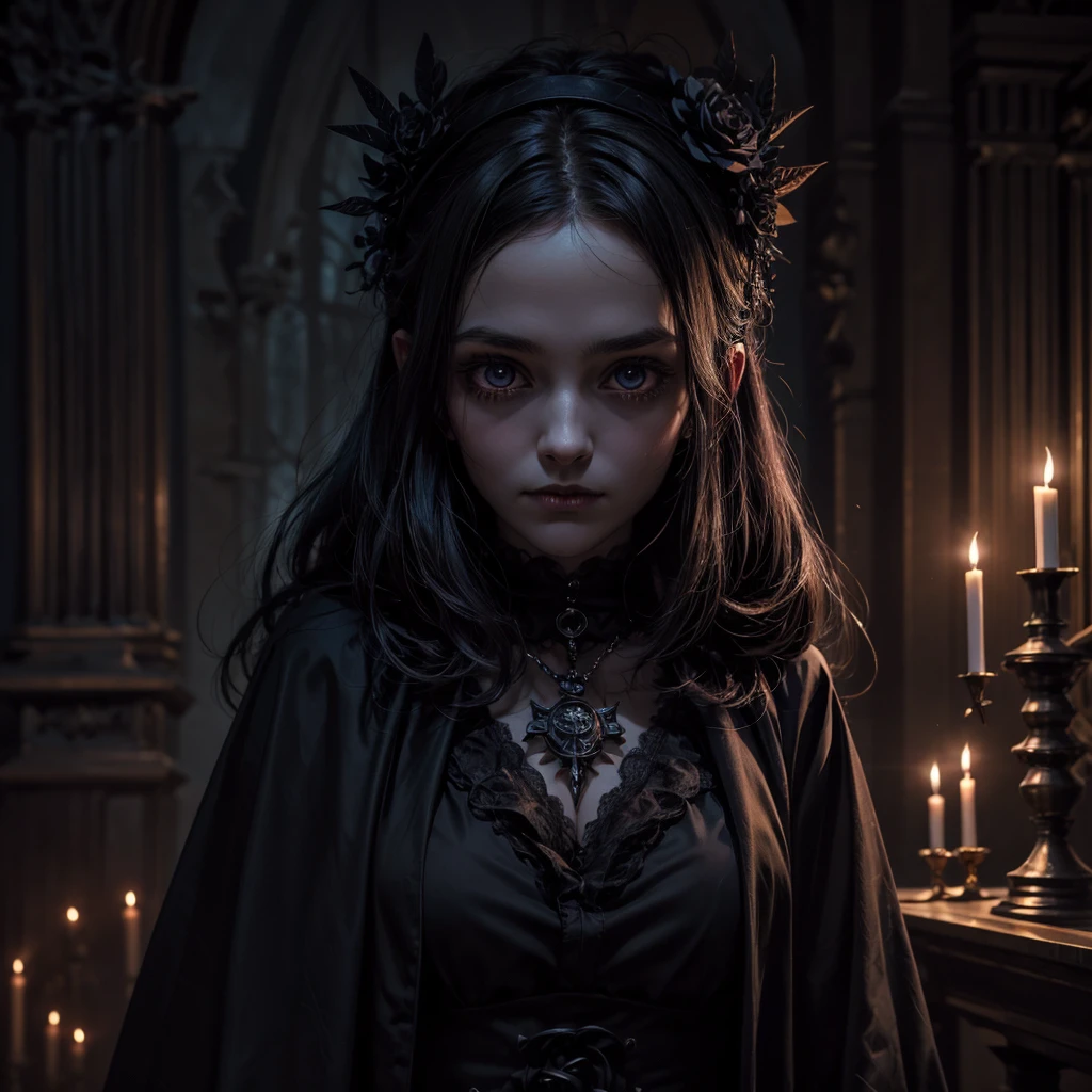 A completely dark female specter with eyes lit up like two little lights hovering above a mysterious pagan Gothic altar