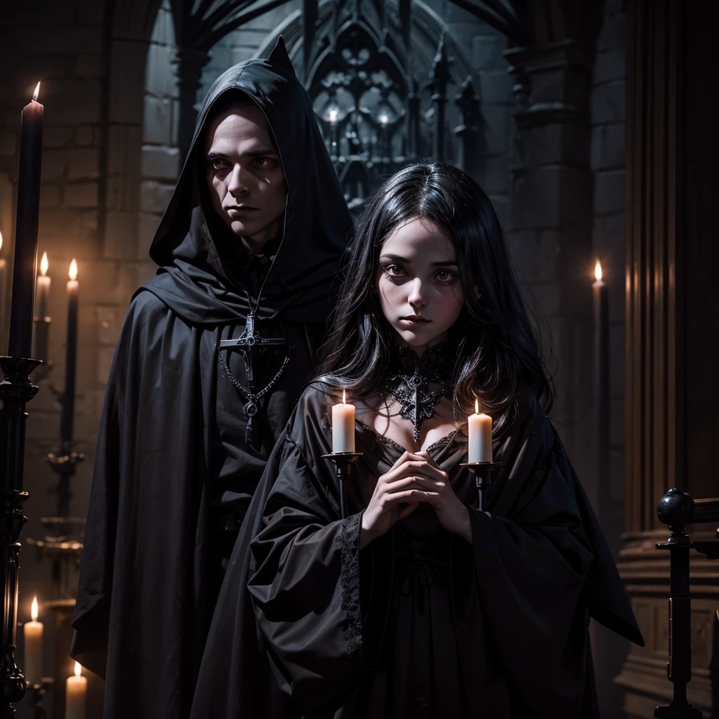 A completely dark female specter with eyes lit up like two little lights hovering above a mysterious pagan Gothic altar