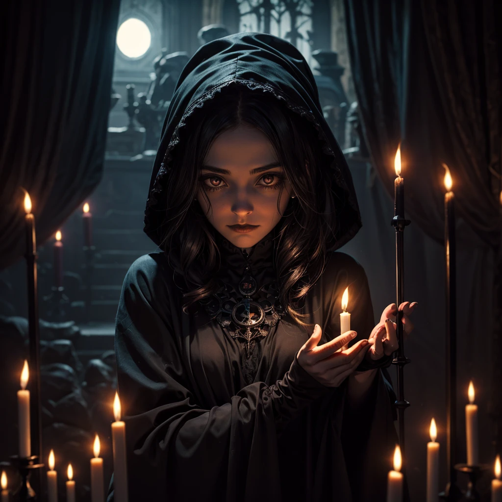 A completely dark female specter with eyes lit up like two little lights hovering above a mysterious pagan Gothic altar