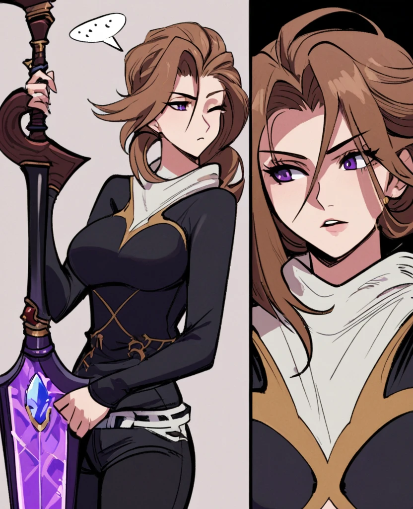Make me a final fantasy oc. She has long brown hair that fades into white. Her left eye is brown and her right eye is purple. She wears a purple, white and black outfit with shorts. Her weapon id a giant scythe with a purple crystal stuck into the part where the handle and the blade meet. Stoic and blank expression. In Final Fantasy VI art style. Mature body.