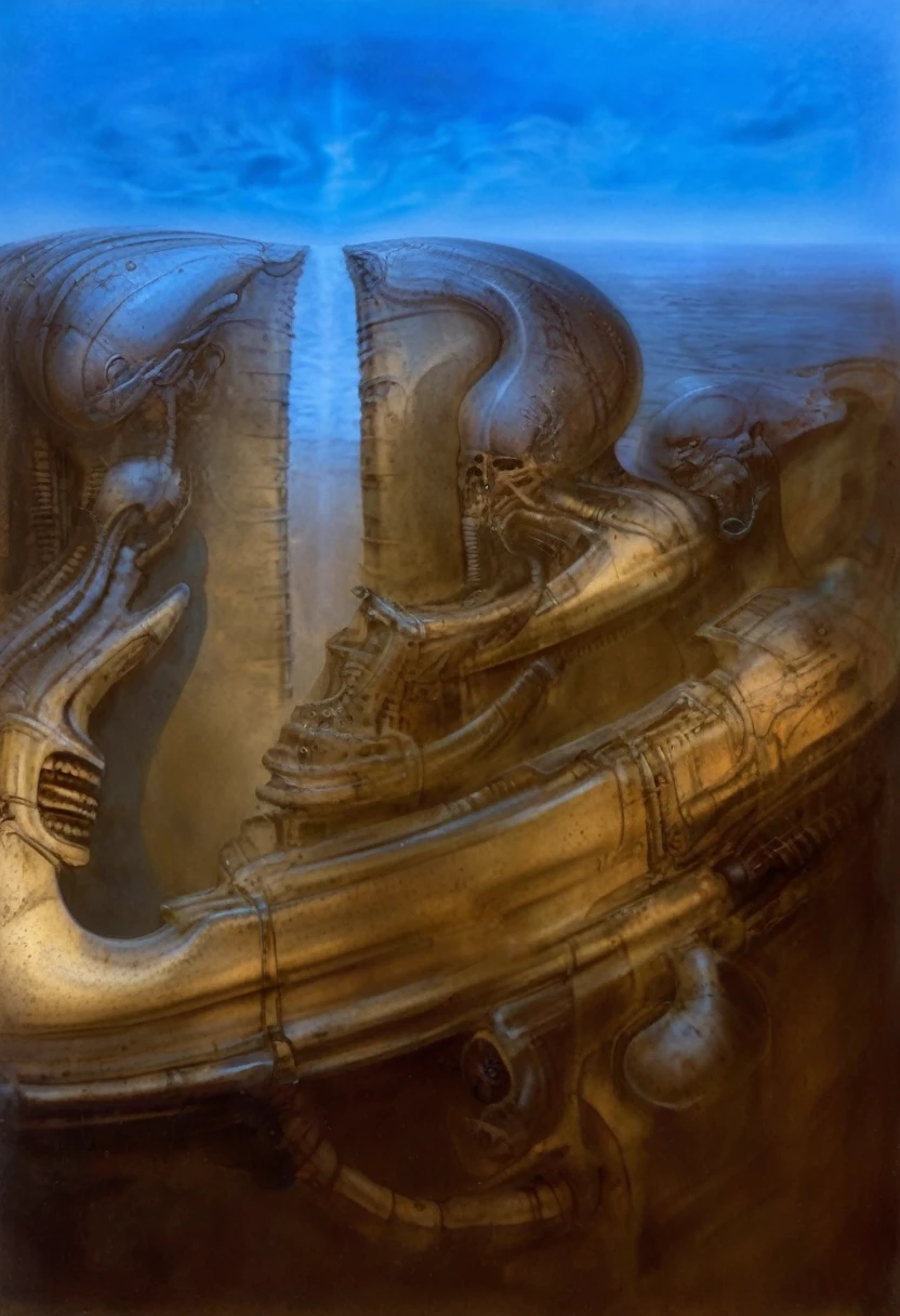 g1g3r, 0f1g, Giger_style, Giger_style, The image is a detailed view of H.R. Giger's \" biomechanical landscape V\" plate,
The tableau depicts a close-up of a group of ivory objects resembling skulls and skeletons, some of which have signs of decay.
The painting is a nightmarish biomechanical scene. In the center of the composition is a chessboard with several chess pieces scattered around it. The background is filled with biomechanical pipes and tubes. The overall feel is one of decay and desolation.
Giger’s signature artistic style, biomechanical surrealism, is on full display in this piece. Biomechanical surrealism combines human anatomy with machines. The skeletal figures in the painting are fused with mechanical parts, creating a disturbing and unsettling effect.
Here’s a more detailed description of the composition:
In the center foreground is a metallic chessboard with several metallic chess pieces scattered around it.
To the right of the chessboard is a skeletal figure hunched over tribune.
The art performance showcases the artist’s skills in observation and rendering. The level of detail in the piece suggests a close study of real bone specimens and anatomy. The artist has skillfully used shading techniques to create a convincing illusion of three-dimensionality on a flat surface.The wrinkles and cracks in the surface, and the cast shadows with accuracy, used shading techniques to create a realistic depiction of light and shadow on the objects. This creates a sense of depth and dimension in the image
The style is clearly biomechanical. Features combination of organic and mechanical forms. Mechanical elements dominate the composition, there are subtle organic hints. The use of undersaturated purple-grays dark contrasts creates a stark and graphic look. Is used a variety of linework techniques to create different textures. Fine, parallel lines create a smooth, metallic texture,while thicker, more cursive lines suggest cables or wires. Machine fills mo