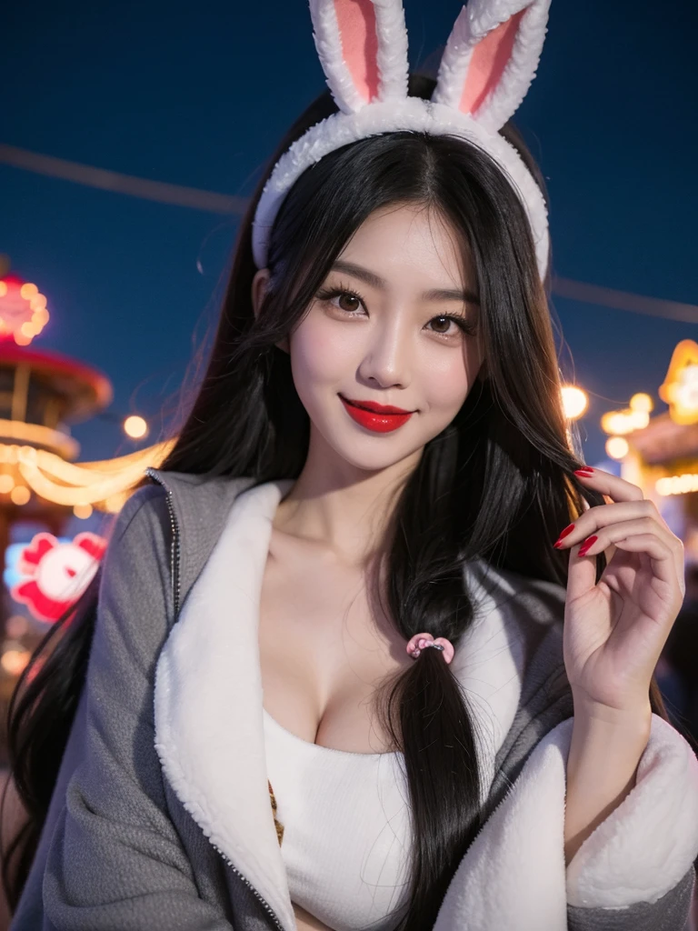 A There Is A Beautiful Asian Woman, Red Lips, Thick Long Hair, dark grey long coat, bunny ear headband, Big Breast, smile, in the middle carnival, night, hanging lights. Surround carnival visitors, cotton candy on her right hand