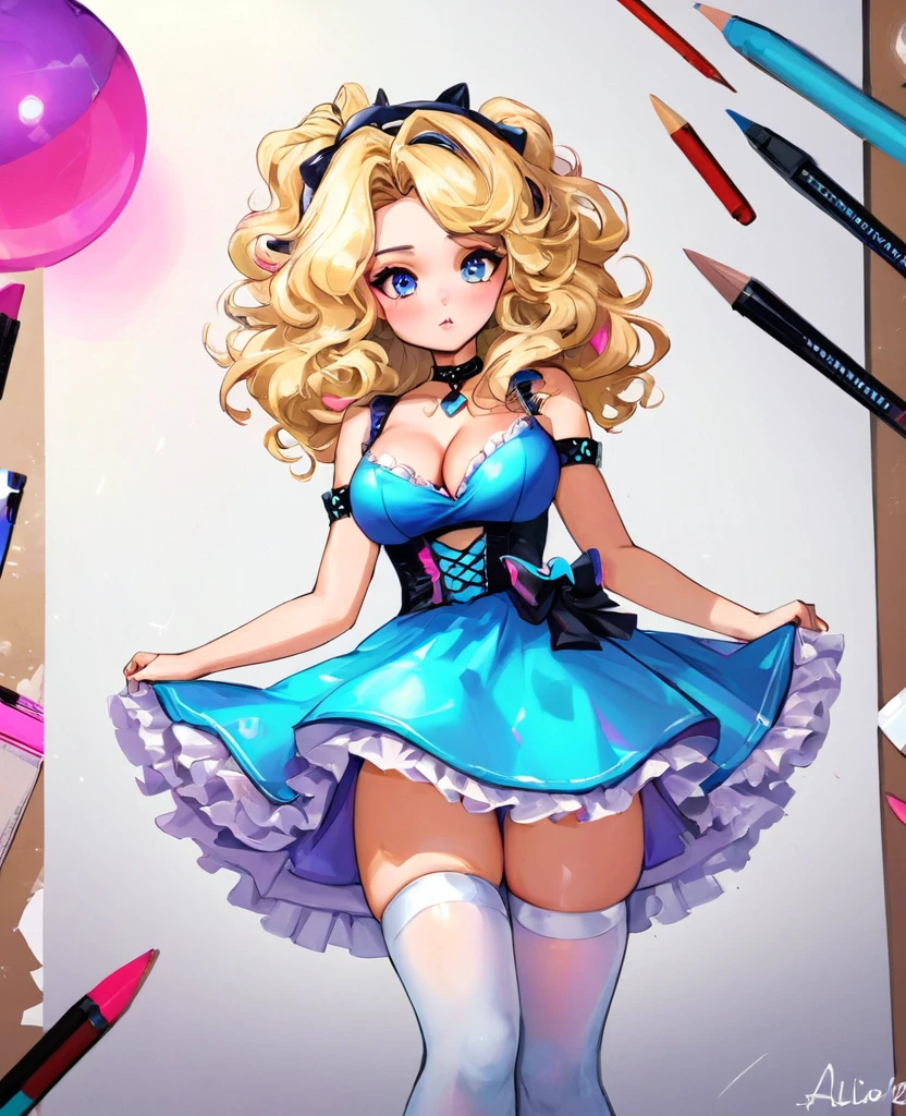 a beautiful 20 year old blonde woman with big messy hair in a blue dress, white stockings, black headband, cleavage, fantasy art style, rossdraws cartoon vibrant, alice x. zhang, alice in wonderland cyberpunk, cute detailed digital art, colorfull digital fantasy art, digital fantasy art ), glossy digital painting, rossdraws pastel vibrant, rossdraws 2. 5, rossdraws 1. 0