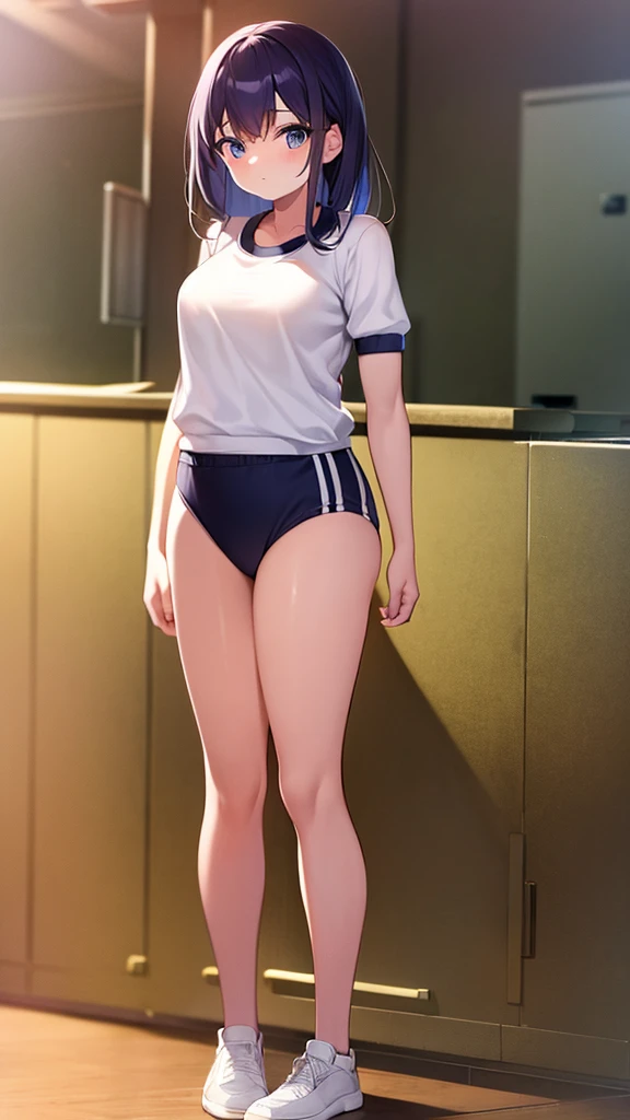 1girl in, Parted lips, blush, makeup, lightsmile, Full body, Wide Angle, frombelow, crass room, llight rays, Glow, thighs thighs thighs thighs, 鎖骨, Narrow waist, (masutepiece), Dark hair color、Sheer、white gym uniform、Dark blue bloomer、White socks、a wet body、Drooling from the mouth、poke the breast