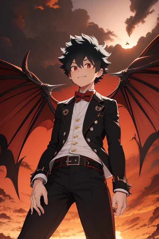 Izuku Midoriya from My Hero Academia, Vampire, incubus, red eyes and white hair, bat wings, black clothes, black and red steampunk pants, red shirt, black vest, pale skin. Looking straight at the viewer