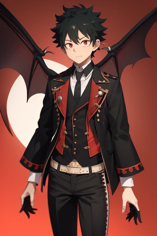Izuku Midoriya from My Hero Academia, Vampire, incubus, red eyes and white hair, bat wings, black clothes, black and red steampunk pants, red shirt, black vest, pale skin. Looking straight at the viewer