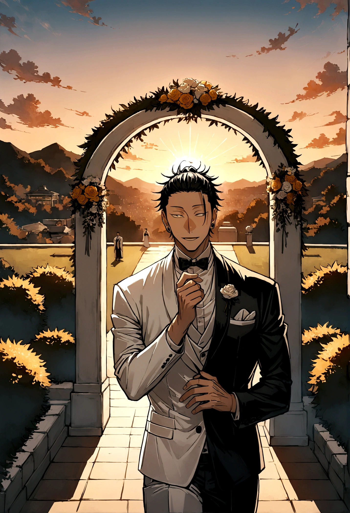 1 boy, Men&#39;center, Suguru Ghetto, Jujutsu Kaisen, masterpiece, top quality, So beautiful, Wedding suit, Background: Wedding Arch, sunset, wedding