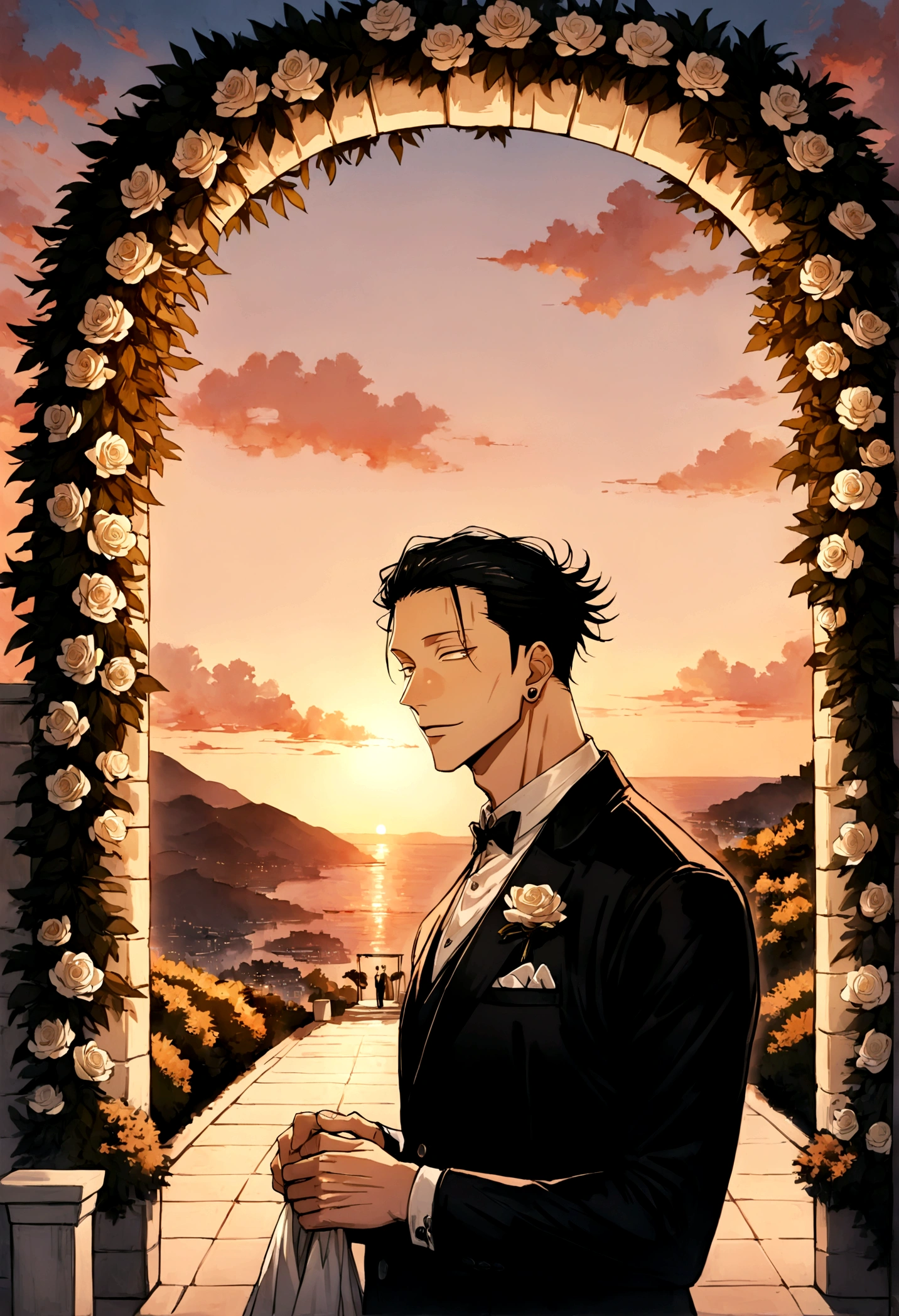 1 boy, Men&#39;center, Suguru Ghetto, Jujutsu Kaisen, masterpiece, top quality, So beautiful, Wedding suit, Background: Wedding Arch, sunset, wedding