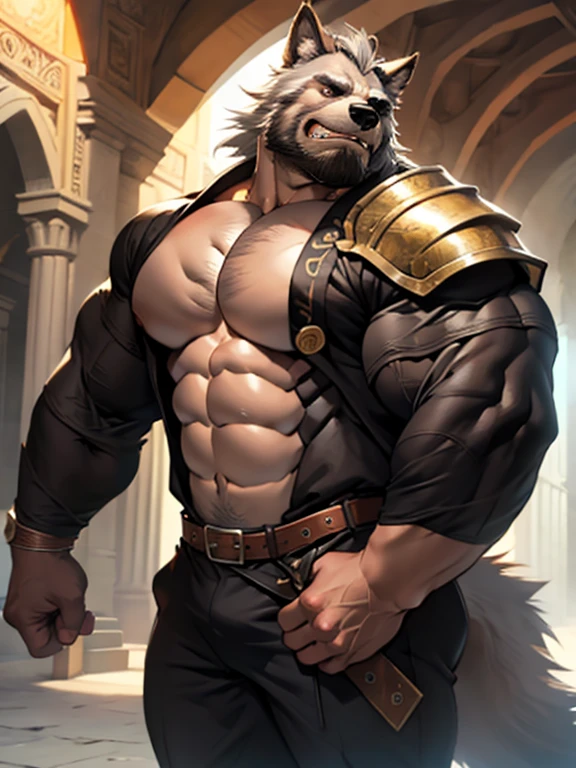 burly virile hairy man, with two wolf ears and a bushy tail, in a suit of armor, middle-aged, hirsute, overmuscular and musclebound, bulging veiny muscles, a warrior's build, a bodybuilder's physique, long bushy and a thick mustache, a square jaw, handsome and dreamy, grey hair, a gladiator in the arena