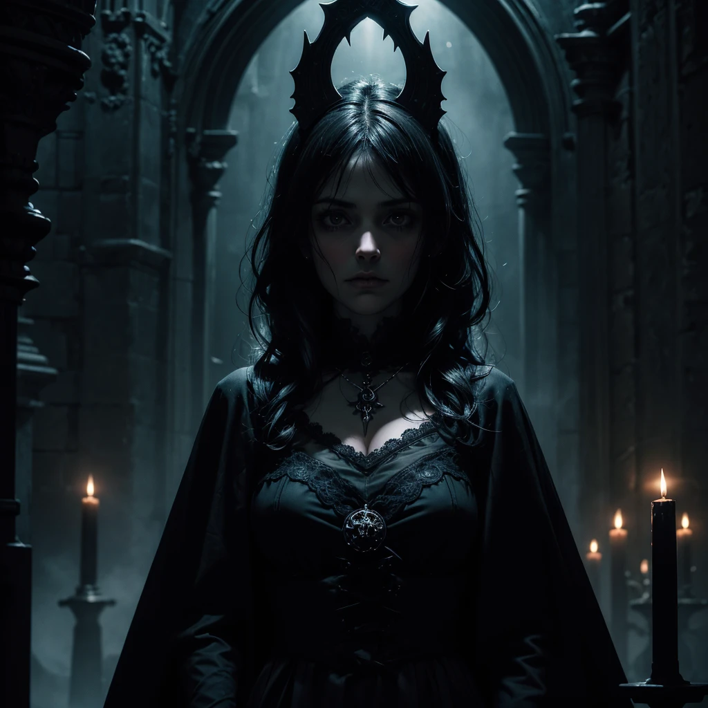 A completely dark female specter with eyes lit up like two little lights hovering above a mysterious pagan Gothic altar