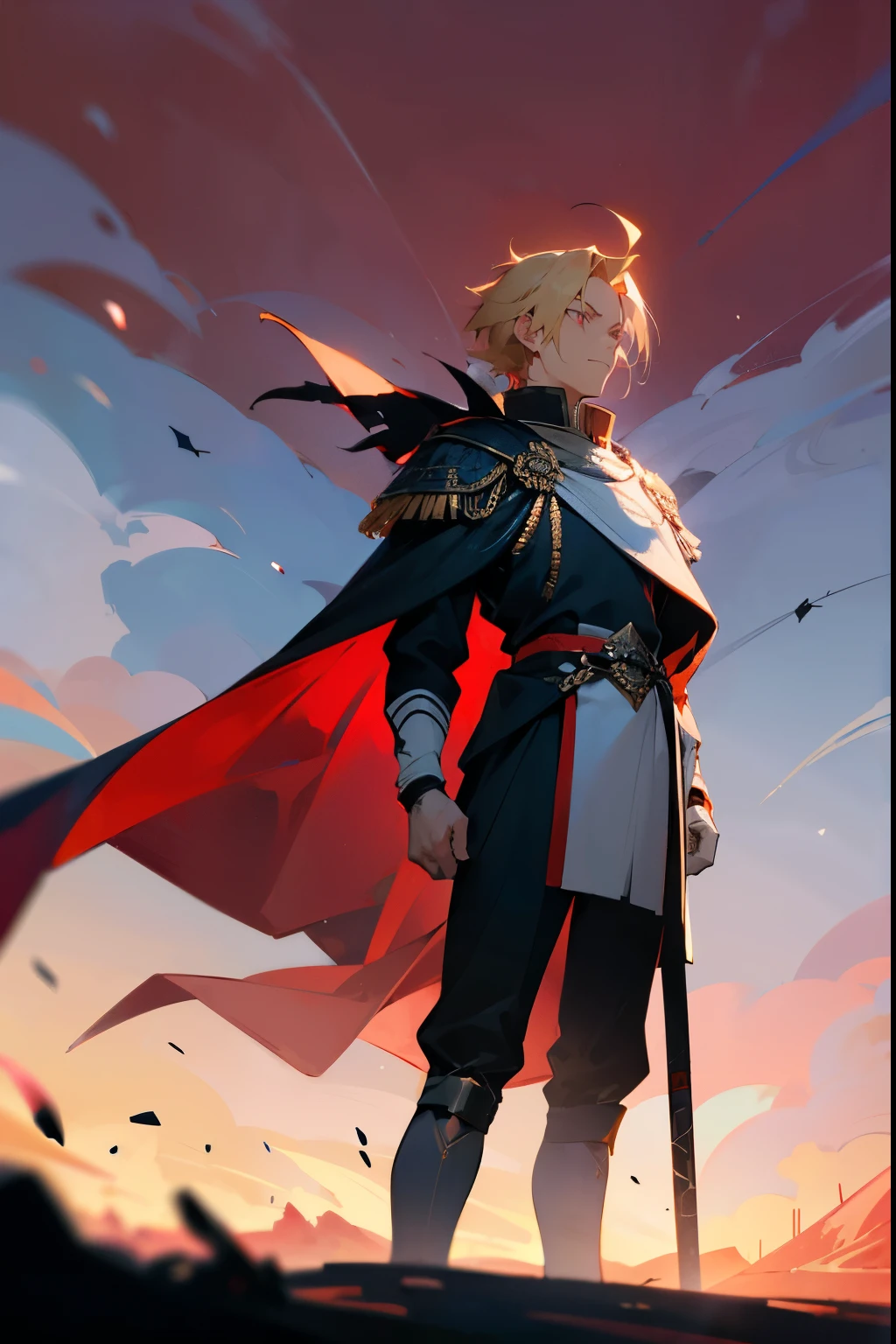 1male , White Handband Wrapped , Black Red and Dark Blue Royal Guard Clothing , White Yukata , Serious Expression , Adult Male , Blonde Hair , Pink Eyes , Standing on a path , Desolate Wasteland Background , Perfect Generation , Masterpiece Quality