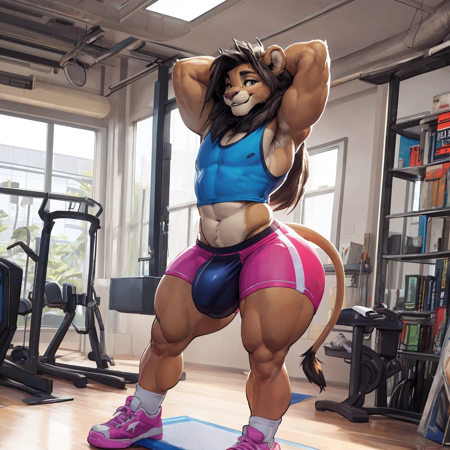 (by darkgem, by boosterpang, by duase, by BNG), solo focus, 1boy, male, lion boy, cute, girly, femboy, twink, short boy, looking at viewer, smiling, happy, large muscular body, (hyper hips:1.3), (huge bulge), bulgeJ8, long hair, detailed eyes, lust, masterpiece, best quality, lycra shorts, white tank top, pink sneakers, standing upright, photorealistic, hyperrealistic, ultradetailed, detailed background, photo background, digital drawing (artwork), girly, bedroom eyes, (aerobics class), indoors, looking at viewer, stretching, hands behind head, (tail),
