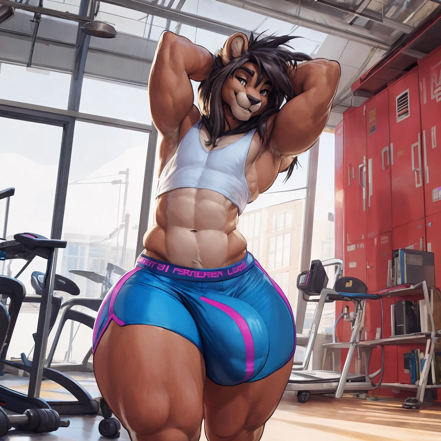 (by darkgem, by boosterpang, by duase, by BNG), solo focus, 1boy, male, lion boy, cute, girly, femboy, twink, short boy, looking at viewer, smiling, happy, large muscular body, (hyper hips:1.3), (huge bulge), bulgeJ8, long hair, detailed eyes, lust, masterpiece, best quality, lycra shorts, white tank top, pink sneakers, standing upright, photorealistic, hyperrealistic, ultradetailed, detailed background, photo background, digital drawing (artwork), girly, bedroom eyes, (aerobics class), indoors, looking at viewer, stretching, hands behind head, (tail),