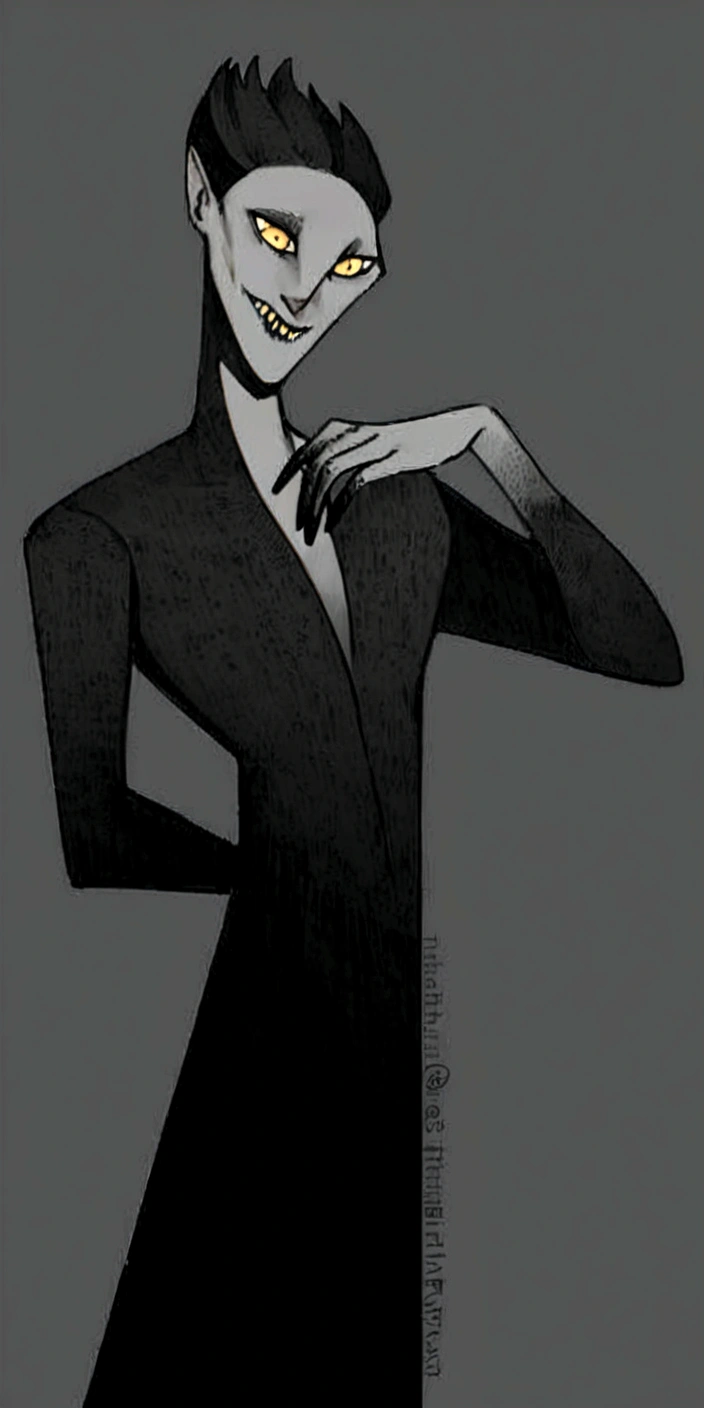 a drawing of a man with a black dress and yellow eyes, sinister pose, villain pose, creepy pose, with slender, striking an elegant pose on top of you, dark and mysterious character, cel shaded!!!, Threatening pose, pose do mal, skinny man, Jack Skellington, slender boy with a pale skin, skinny man, tall and lanky skinny, creepy pose