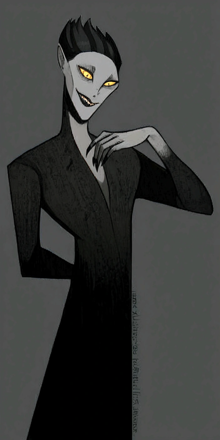 a drawing of a man with a black dress and yellow eyes, sinister pose, villain pose, creepy pose, with slender, striking an elegant pose on top of you, dark and mysterious character, cel shaded!!!, Threatening pose, pose do mal, skinny man, Jack Skellington, slender boy with a pale skin, skinny man, tall and lanky skinny, creepy pose